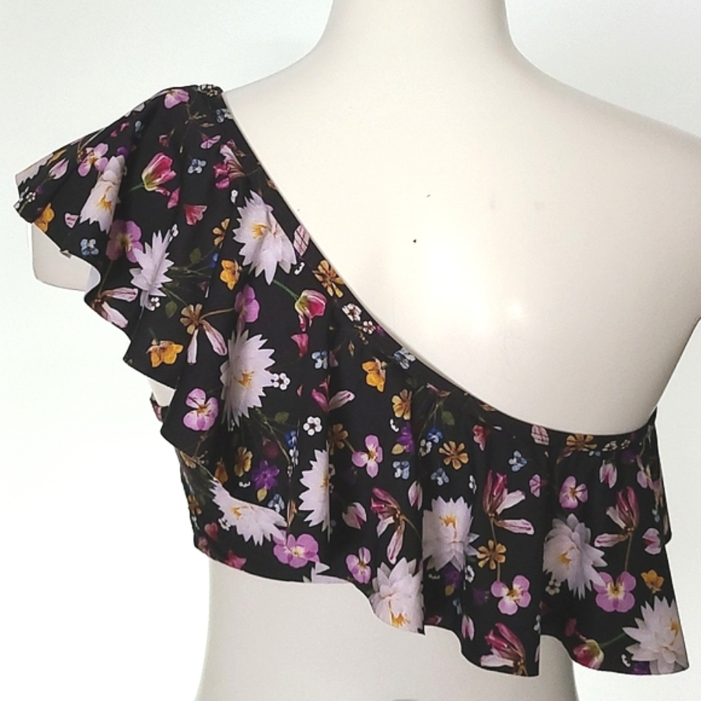 La Vie en Rose One Shoulder Ruffle Bandeau Bikini Top Black Print Size Medium - Picture 3 of 9
